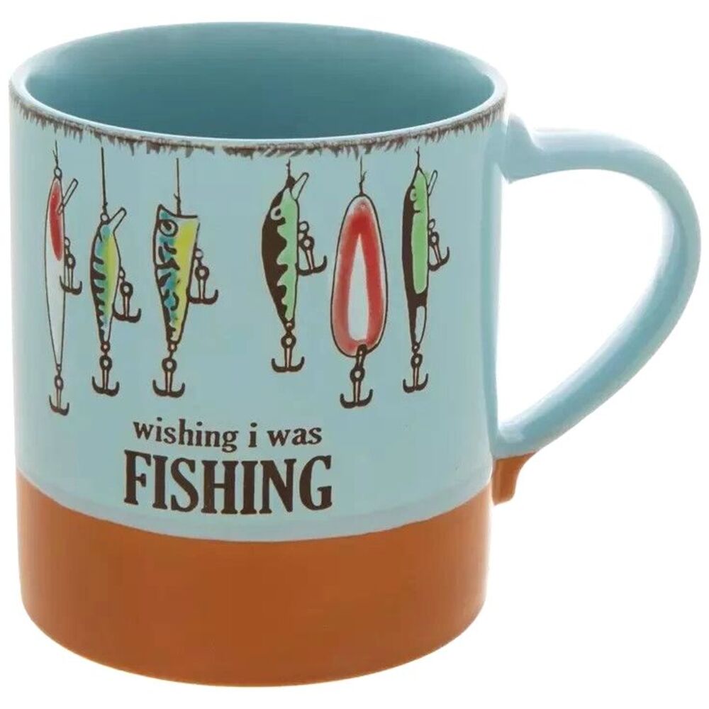 Wishing I Was Fishing Coffee Mug Ceramic Cup Hooks Lures Blue Brown Gift NEW